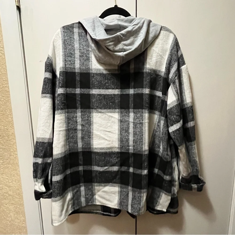 Plaid Hooded Women's Oversized Jacket - Black, White, and Gray